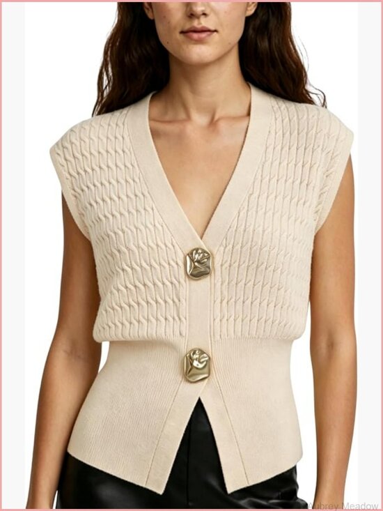 Sweaters - Sleeveless V-Neck Cable Knit Sweater Vest in Cream